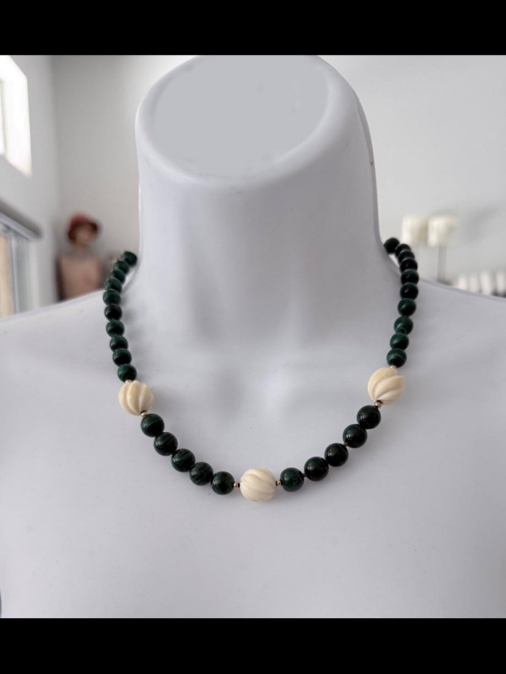 Vintage 18" Natural Malachite Bead Necklace | 40+ Beads | Carved Calcite Accents